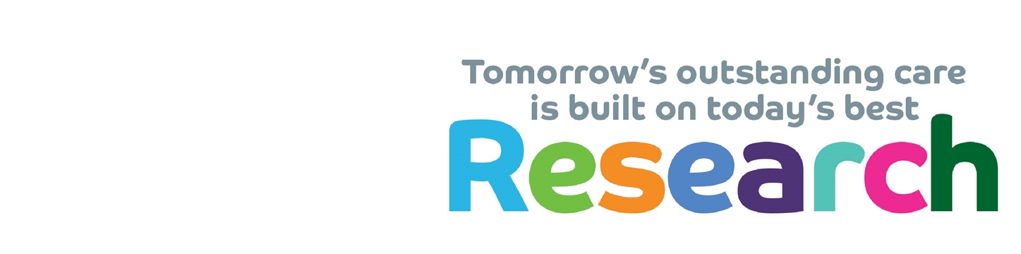 Logo of writing - in grey - tomorrow's outstanding care is based on today's best - in multicolours - Research