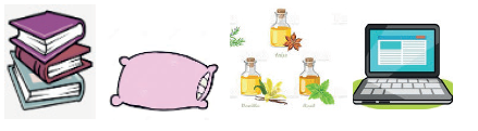 picture of books, pillow, aromatherapy oils, laptop.