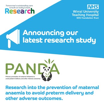 Image with loudspeaker design, WUTH NHS logo and research logo, announcing our latest research study, PANDA research into the prevention of maternal anaemia to avoid preterm delivery and other adverse outcomes